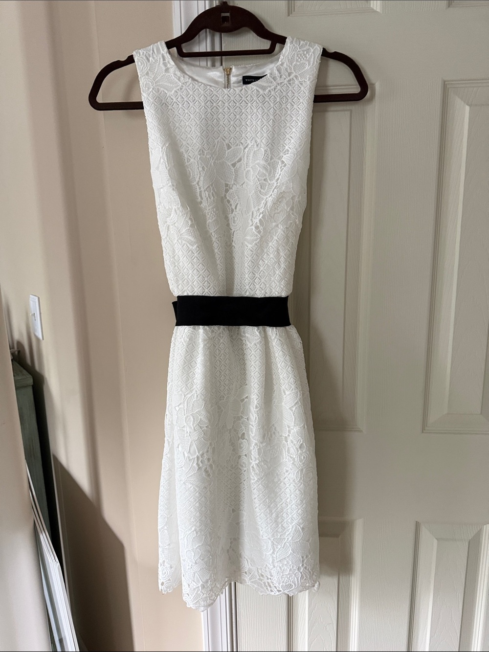 White House Black Market White Lace Dress with Black Waistband